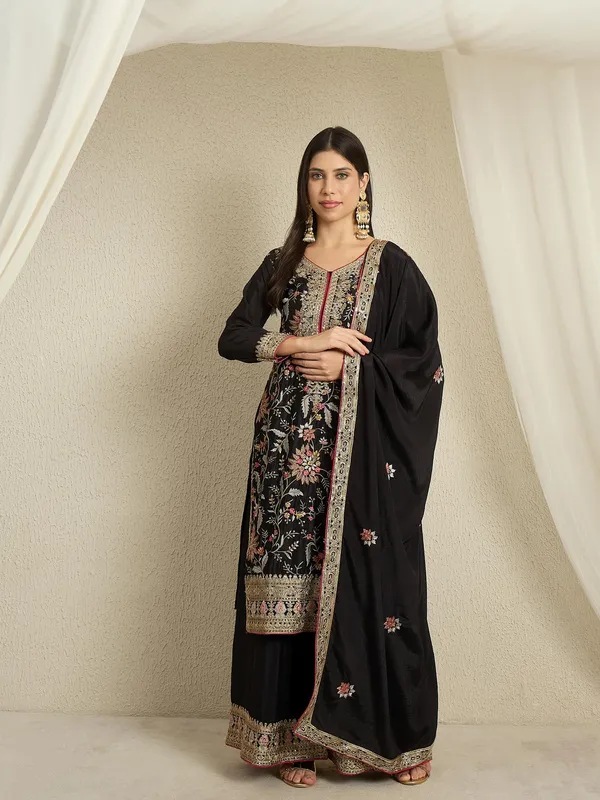 Captivating_Black_Floral_Embroidered_Chinon_Kurta_Palazzo_Set_With_Dupatta