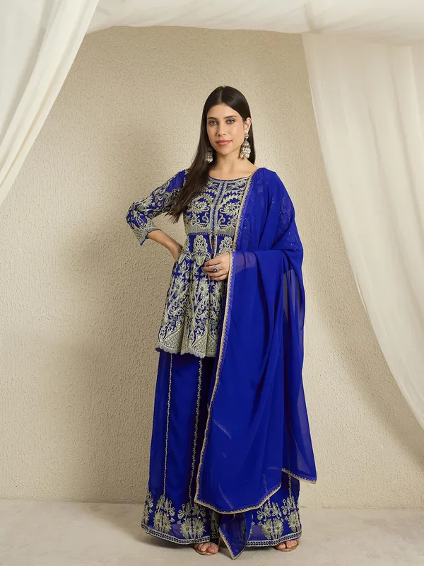 Blue_Embroidered_A-Line_Kurta_Palazzo_Set_With_Plain_Dupatta