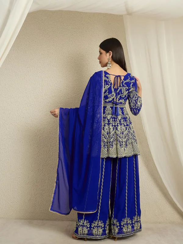 Blue_Embroidered_A-Line_Kurta_Palazzo_Set_With_Plain_Dupatta