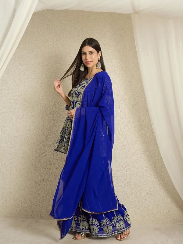 Blue_Embroidered_A-Line_Kurta_Palazzo_Set_With_Plain_Dupatta