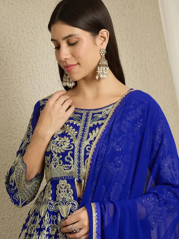 Blue_Embroidered_A-Line_Kurta_Palazzo_Set_With_Plain_Dupatta