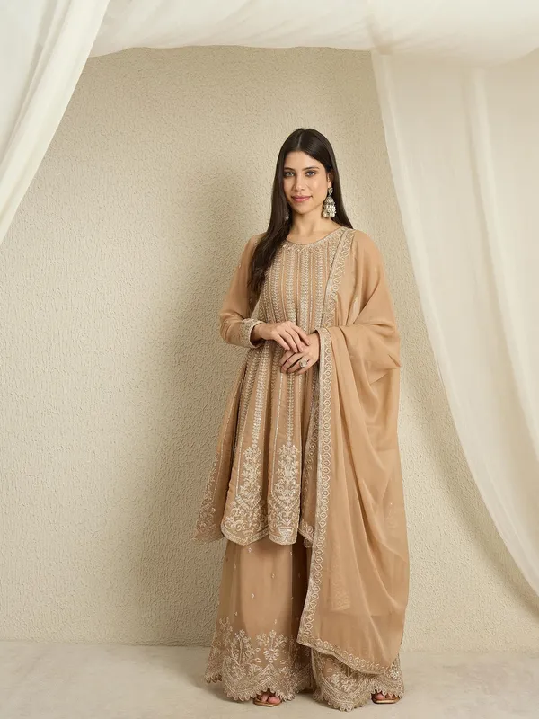 Elegant_Coffee_Georgette_Embroidered_A-Line_Kurta_And_Palazzo_Set