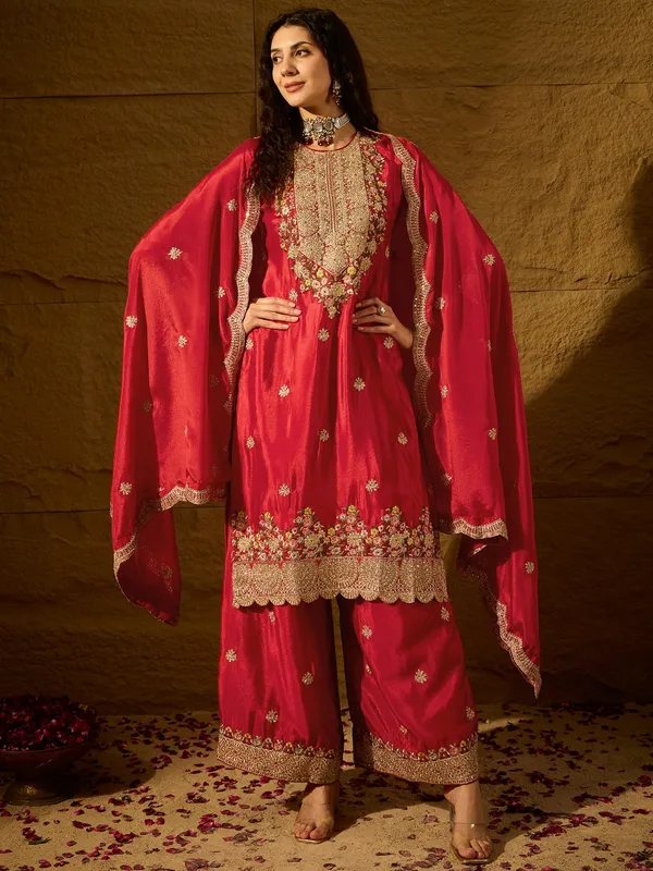 Radiant_Red_Chinon_Embroidered_Kurta_Palazzo_Set