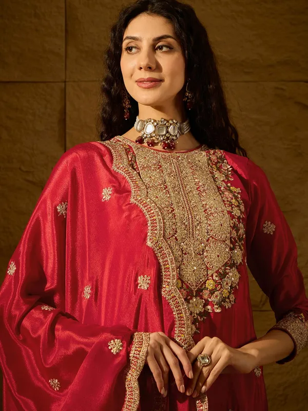 Radiant_Red_Chinon_Embroidered_Kurta_Palazzo_Set