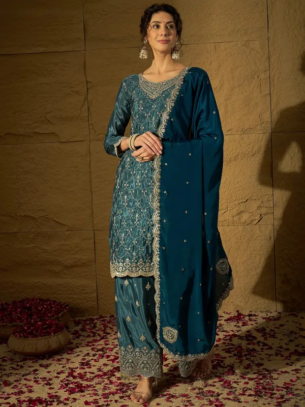 Imperial_Blue_Embroidered_Chinon_Straight_Kurta_Palazzo_Set_With_Dupatta