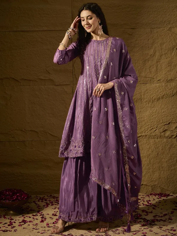 Alluring_Purple_Embroidered_Chinon_Flared_Kurta_Sharara_Set_With_Dupatta