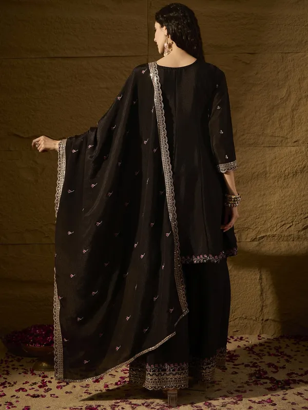 Black_Embroidered_A-Line_Kurti_Palazzo_|_Round_Neck_|_Above_Knee