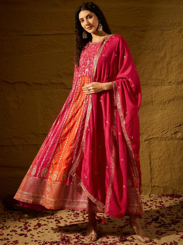 Pink_Embroidered_Chinon_Anarkali_Gown_|_Round_Neck_|_Full_Length