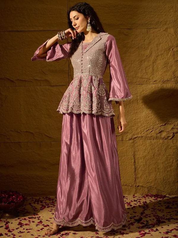 Purple_Embroidered_Flared_Kurta_Palazzo_Set_With_Collar_Neck
