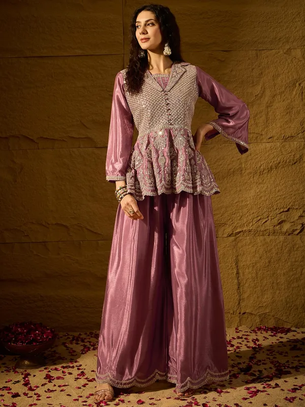 Purple_Embroidered_Flared_Kurta_Palazzo_Set_With_Collar_Neck