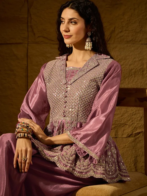Purple_Embroidered_Flared_Kurta_Palazzo_Set_With_Collar_Neck