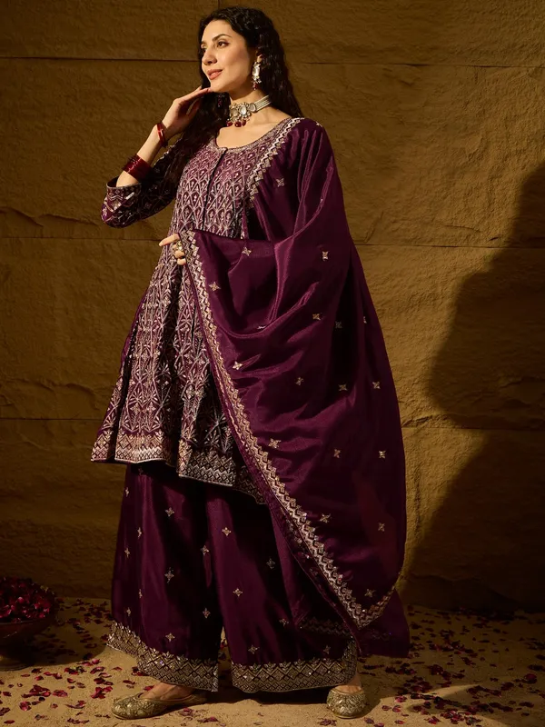 Mesmerizing_Purple_Embroidered_Chinon_Flared_Kurta_Palazzo_Set_With_Dupatta