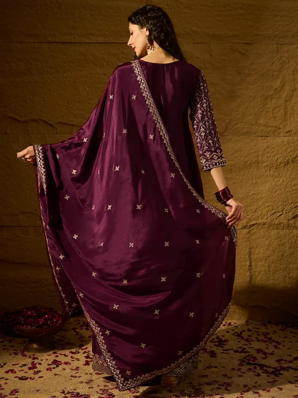 Mesmerizing_Purple_Embroidered_Chinon_Flared_Kurta_Palazzo_Set_With_Dupatta