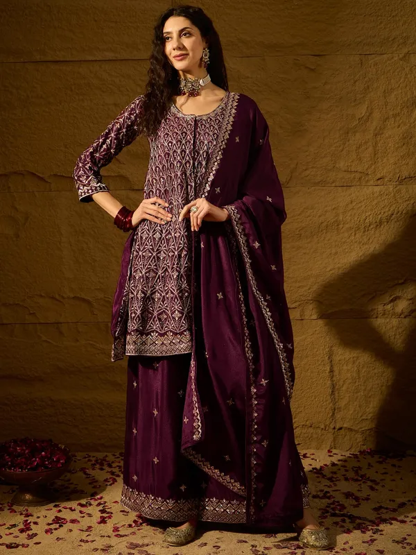 Mesmerizing_Purple_Embroidered_Chinon_Flared_Kurta_Palazzo_Set_With_Dupatta
