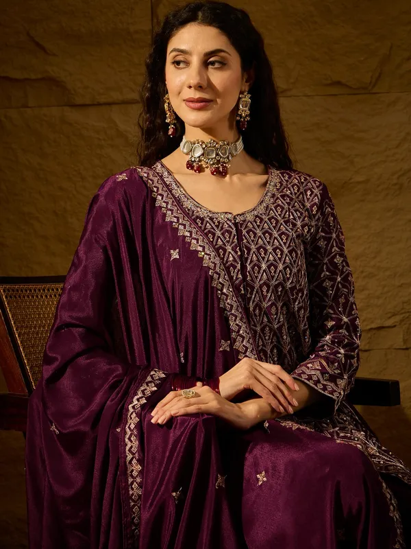 Mesmerizing_Purple_Embroidered_Chinon_Flared_Kurta_Palazzo_Set_With_Dupatta