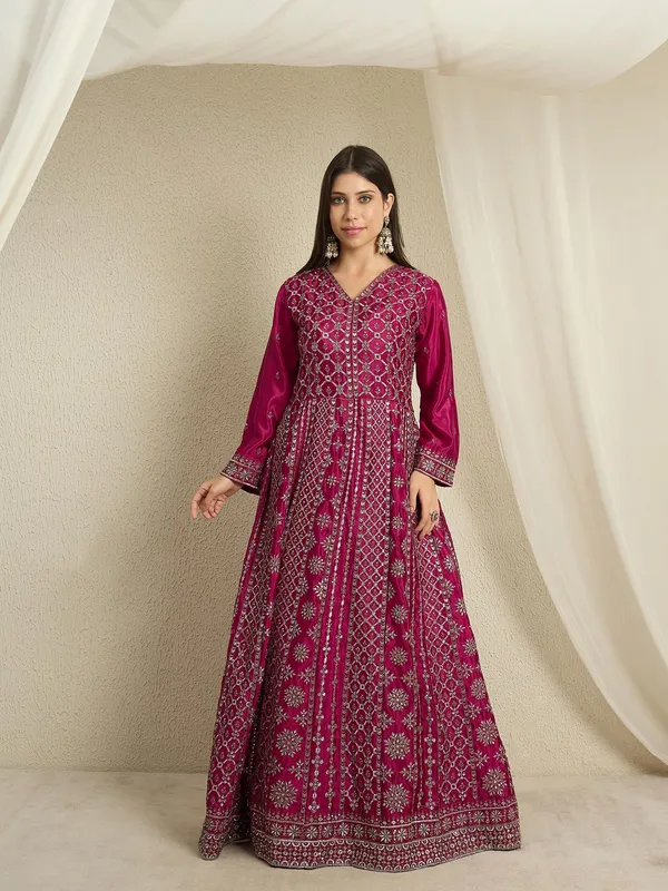 Magnificent_Maroon_Embroidered_Chinon_A-Line_Gown_With_Dupatta