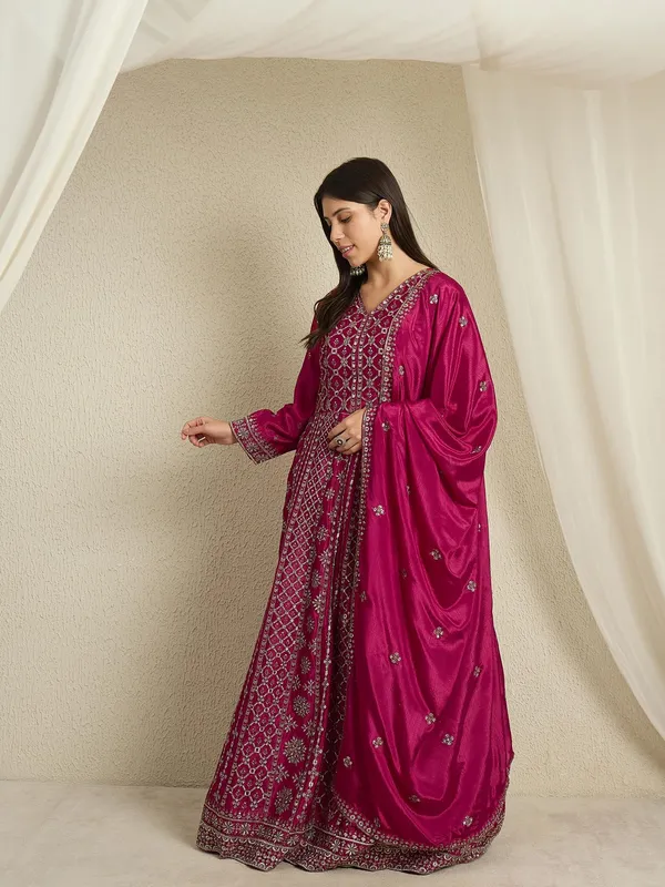 Magnificent_Maroon_Embroidered_Chinon_A-Line_Gown_With_Dupatta