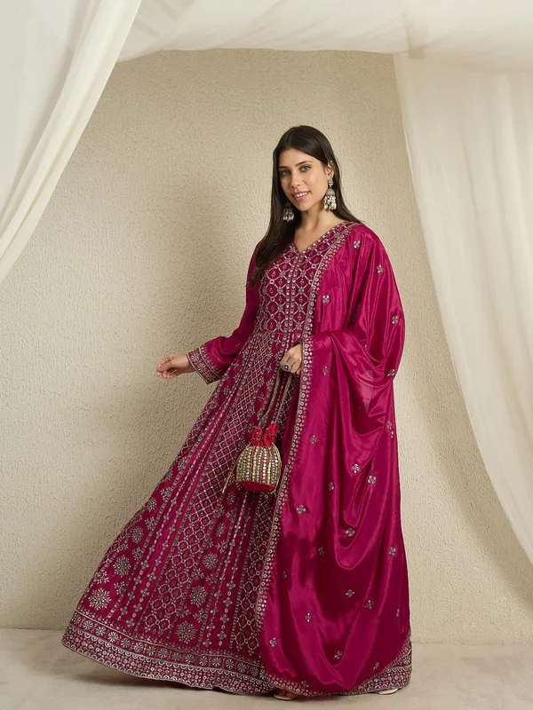 Magnificent_Maroon_Embroidered_Chinon_A-Line_Gown_With_Dupatta