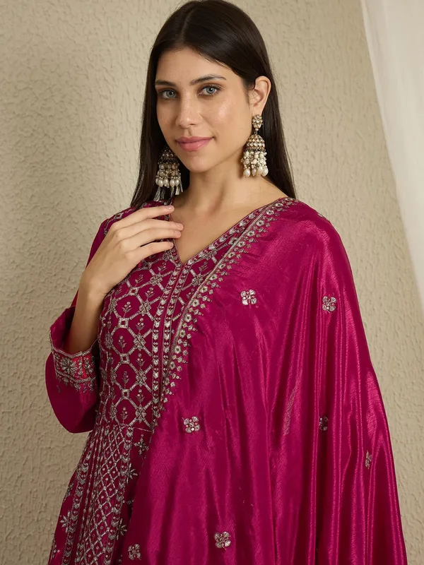 Magnificent_Maroon_Embroidered_Chinon_A-Line_Gown_With_Dupatta