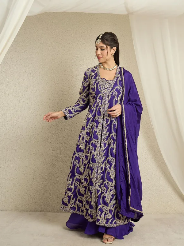 Opulent_Purple_Embroidered_Chinon_Crop_Top,_Palazzo_And_Long_Jacket_Set_With_Dupatta