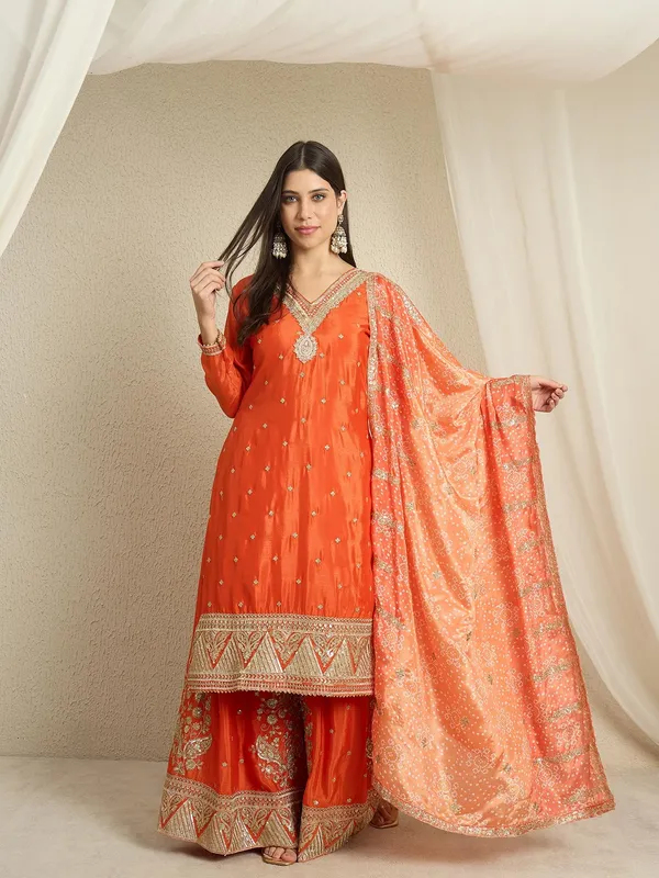 Dazzling_Orange_Embroidered_Chinon_Straight_Kurta_Palazzo_Set_With_Bandhani_Dupatta