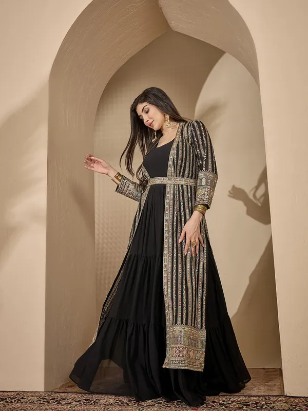 Enigmatic_Black_Embroidered_Faux_Georgette_Gown_With_Jacket
