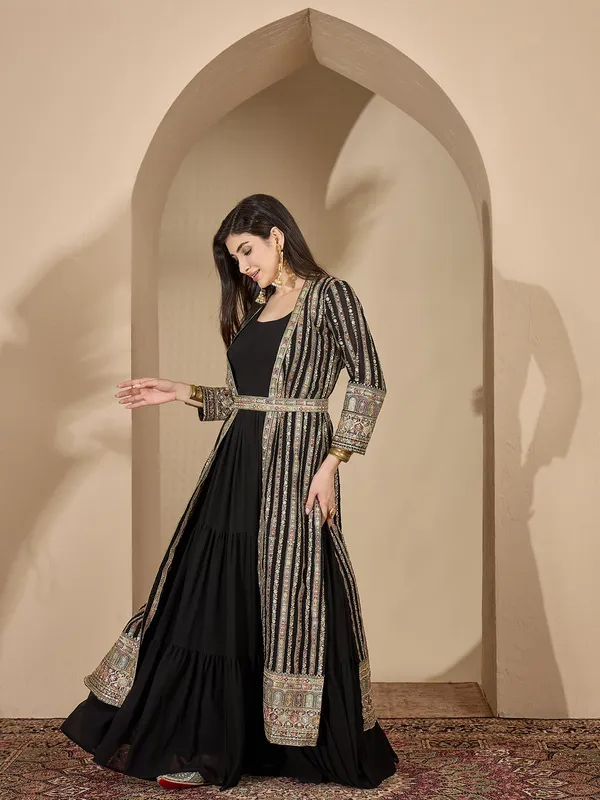 Enigmatic_Black_Embroidered_Faux_Georgette_Gown_With_Jacket