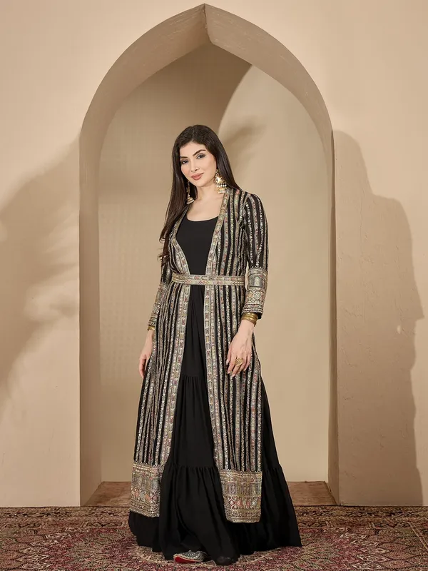 Enigmatic_Black_Embroidered_Faux_Georgette_Gown_With_Jacket