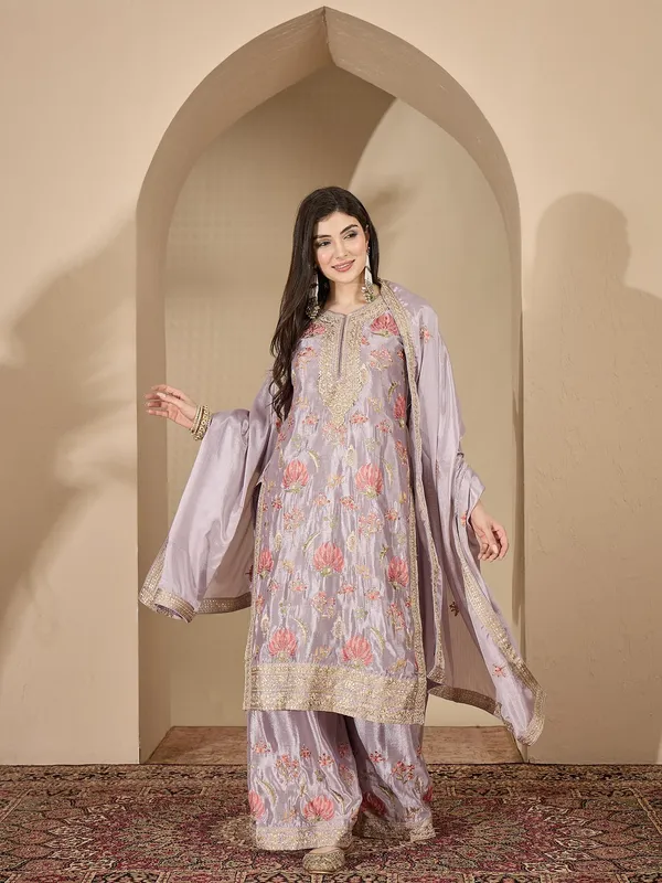 Sophisticated_Grey_Floral_Embroidered_Chinon_Kurta_Palazzo_Set_With_Dupatta