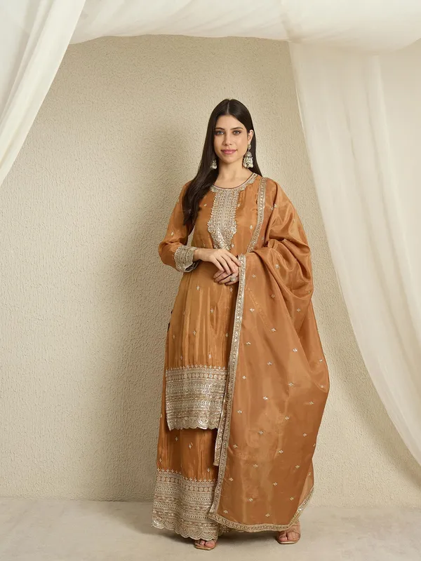 Lustrous_Brown_Embroidered_Organza_Straight_Kurta_Palazzo_Set_With_Dupatta