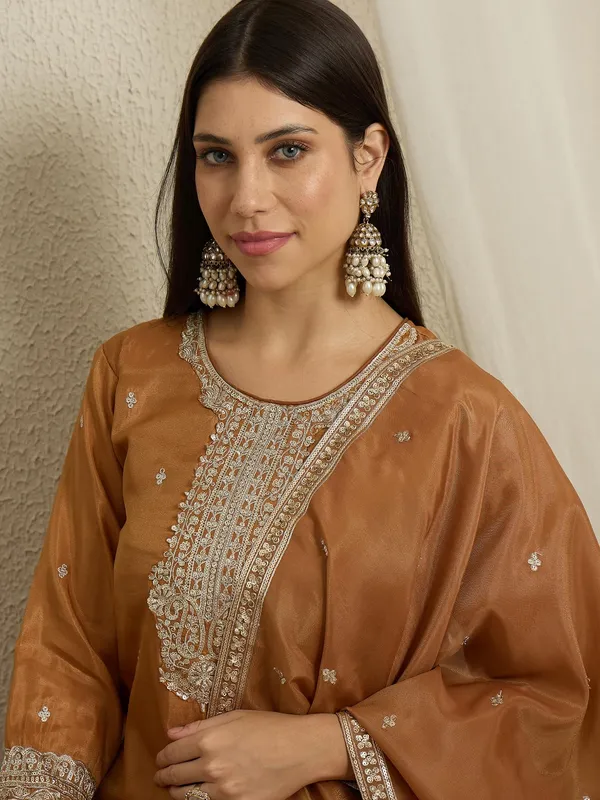 Lustrous_Brown_Embroidered_Organza_Straight_Kurta_Palazzo_Set_With_Dupatta