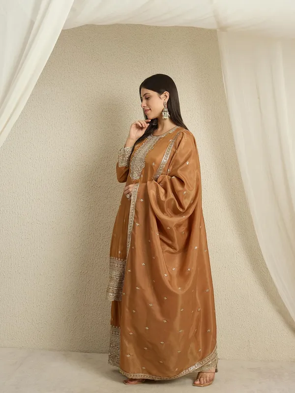 Lustrous_Brown_Embroidered_Organza_Straight_Kurta_Palazzo_Set_With_Dupatta