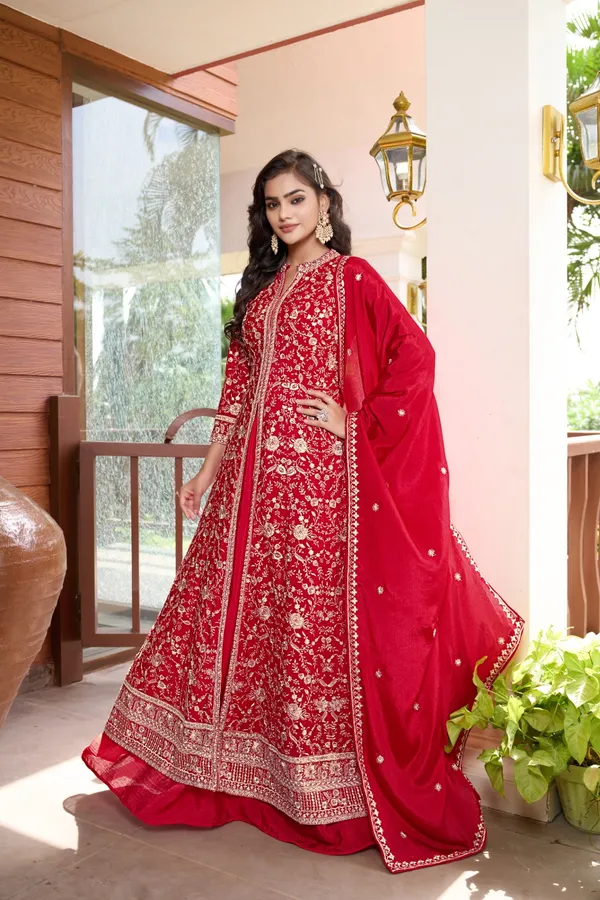 Exquisite_Red_Chinon_Embroidered_Front-Slit_Kurta_Lehenga_Set