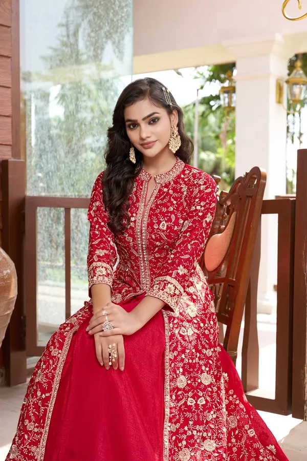 Exquisite_Red_Chinon_Embroidered_Front-Slit_Kurta_Lehenga_Set