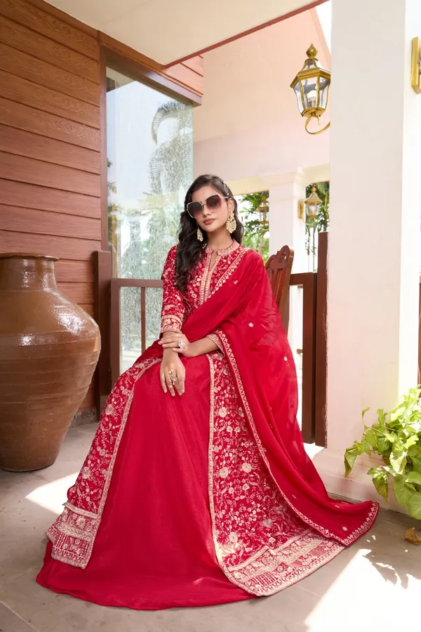 Exquisite_Red_Chinon_Embroidered_Front-Slit_Kurta_Lehenga_Set