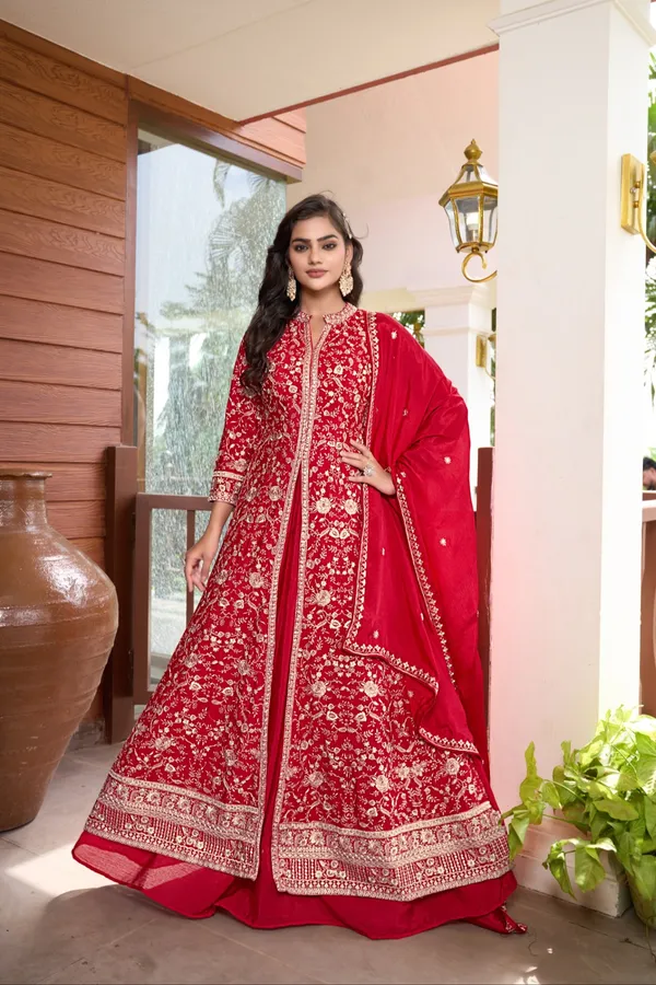 Exquisite_Red_Chinon_Embroidered_Front-Slit_Kurta_Lehenga_Set