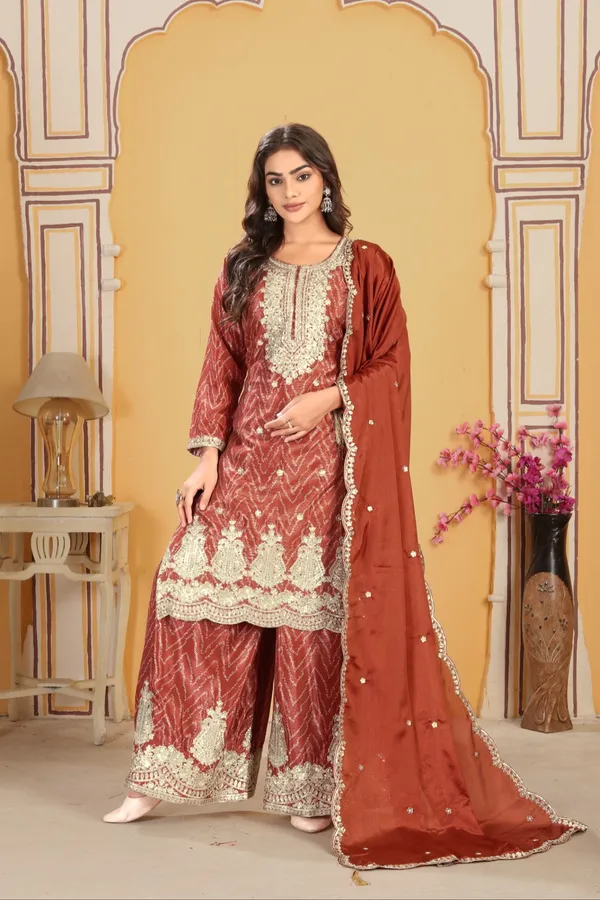 Elegant_Rust_Chinon_Embroidered_Kurta_Palazzo_Set