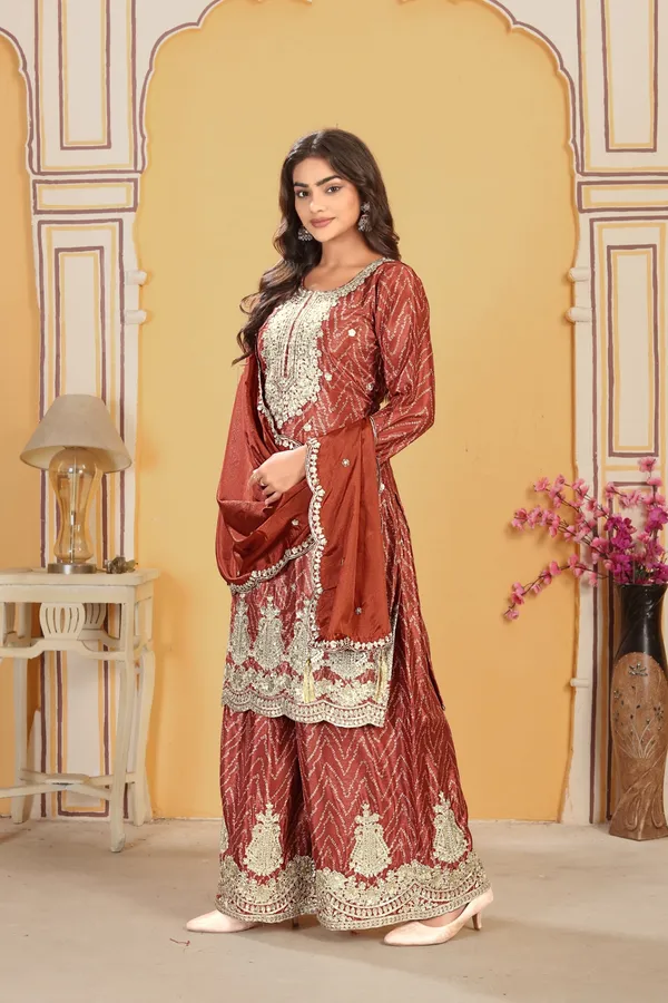 Elegant_Rust_Chinon_Embroidered_Kurta_Palazzo_Set