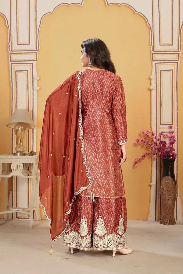 Elegant_Rust_Chinon_Embroidered_Kurta_Palazzo_Set