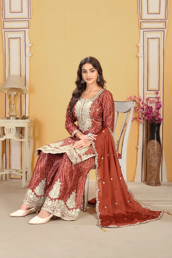 Elegant_Rust_Chinon_Embroidered_Kurta_Palazzo_Set