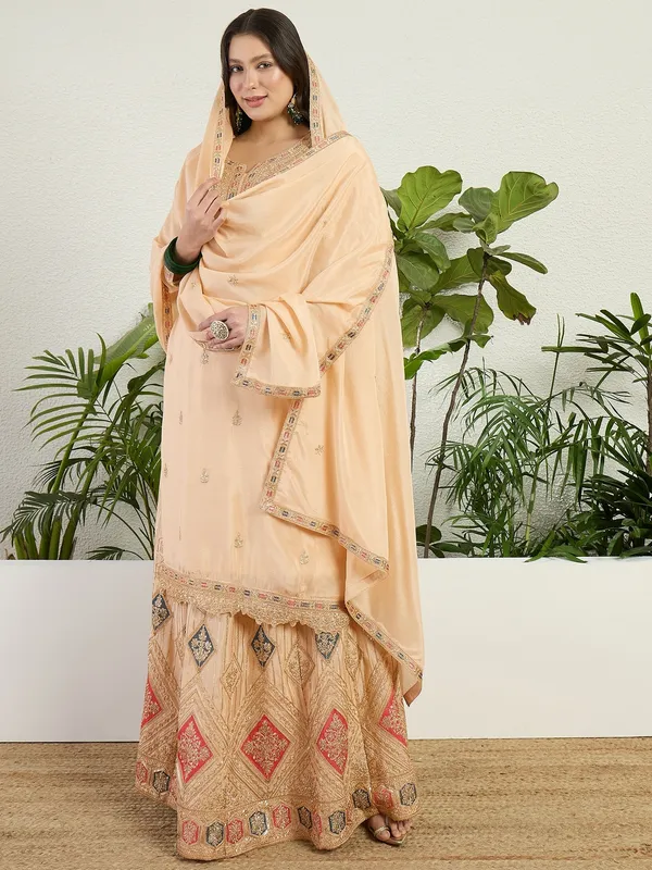 Elegant_Cream_Chinon_Embroidered_Kurta_And_Lehenga_Set