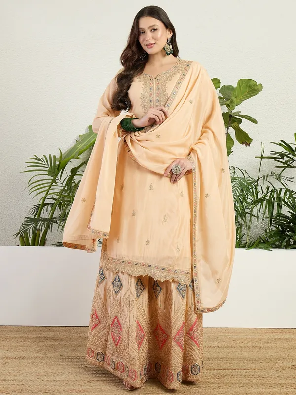 Elegant_Cream_Chinon_Embroidered_Kurta_And_Lehenga_Set