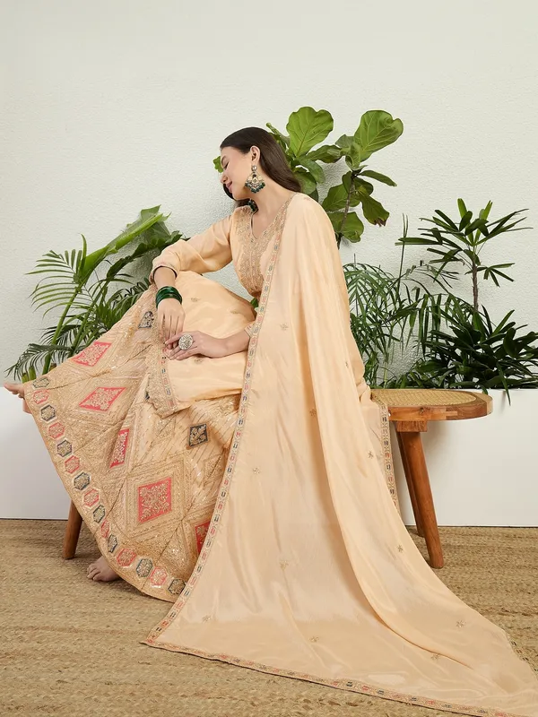Elegant_Cream_Chinon_Embroidered_Kurta_And_Lehenga_Set