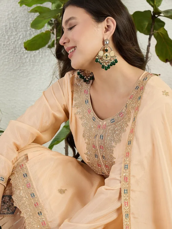 Elegant_Cream_Chinon_Embroidered_Kurta_And_Lehenga_Set