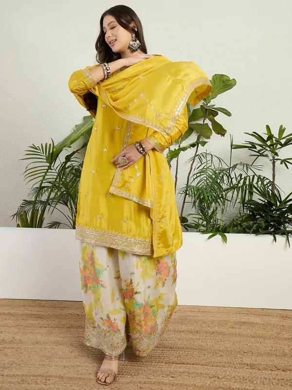 Radiant_Yellow_Chinon_Embroidered_Kurta_With_Floral_Palazzo_Set