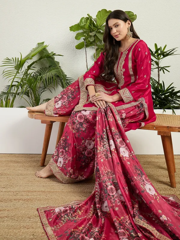 Majestic_Deep_Red_Chinon_Embroidered_Kurta_With_Floral_Palazzo_Set