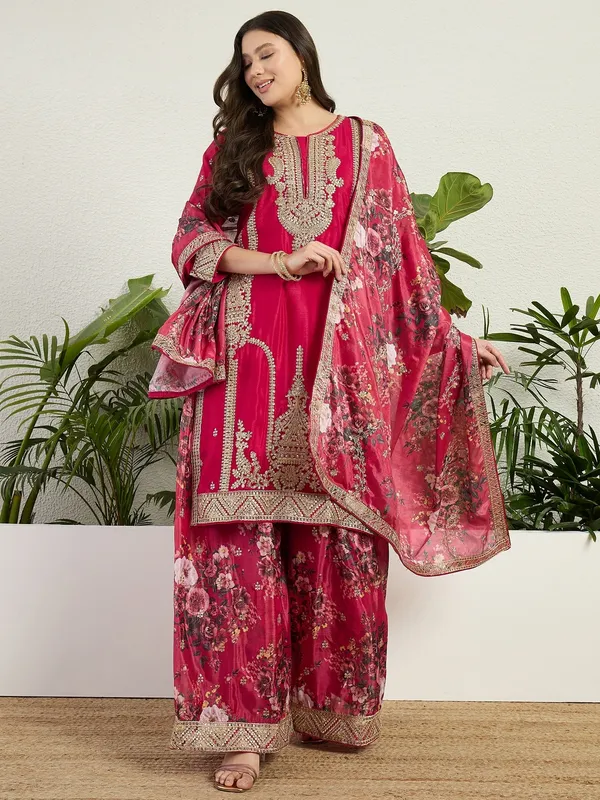 Majestic_Deep_Red_Chinon_Embroidered_Kurta_With_Floral_Palazzo_Set