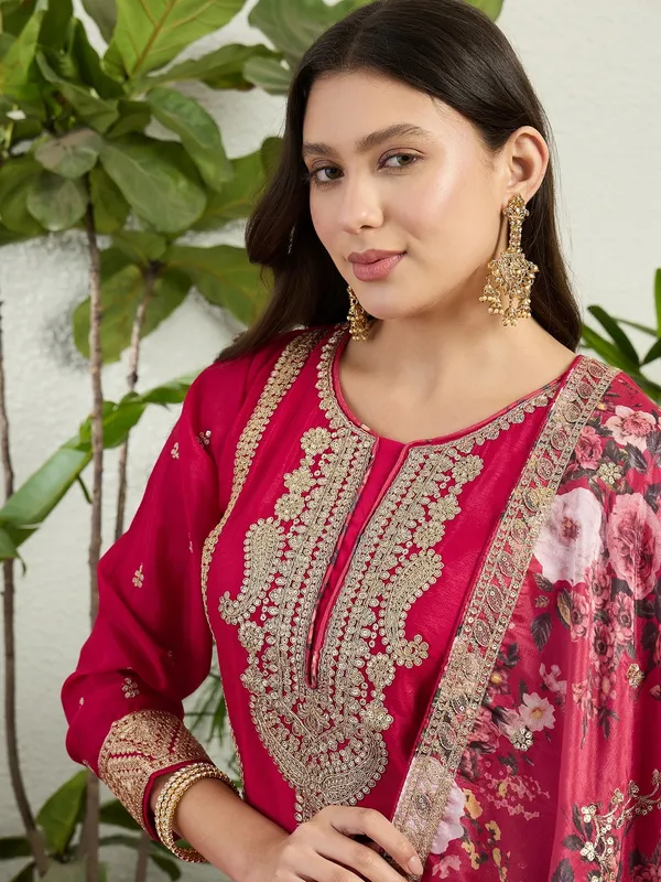Majestic_Deep_Red_Chinon_Embroidered_Kurta_With_Floral_Palazzo_Set