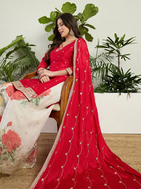 Vibrant_Red_Chinon_Embroidered_Kurta_With_Floral_Palazzo_Set