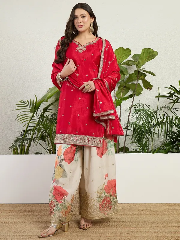 Vibrant_Red_Chinon_Embroidered_Kurta_With_Floral_Palazzo_Set